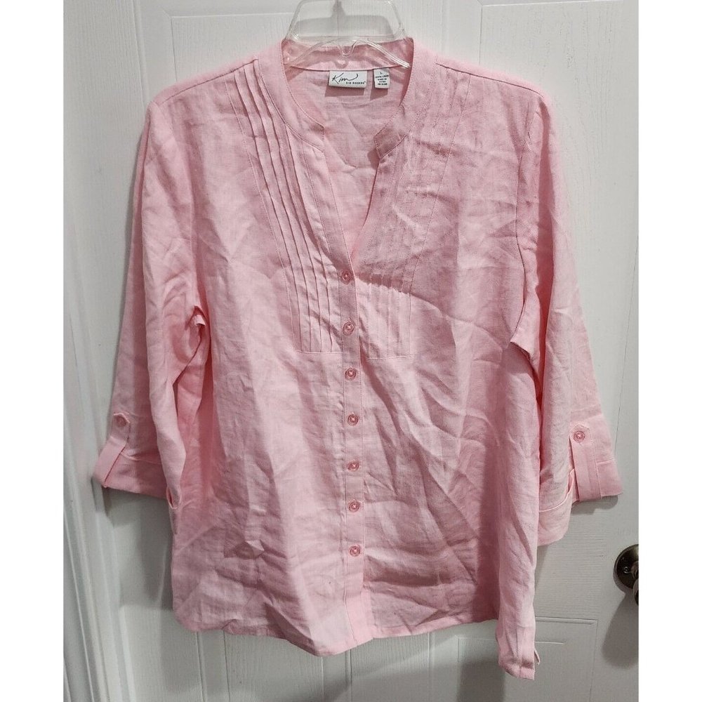 Kim Rogers Women's Button Up V-Neck Top 3/4 Sleeve Resort 100% Linen Pink Size L